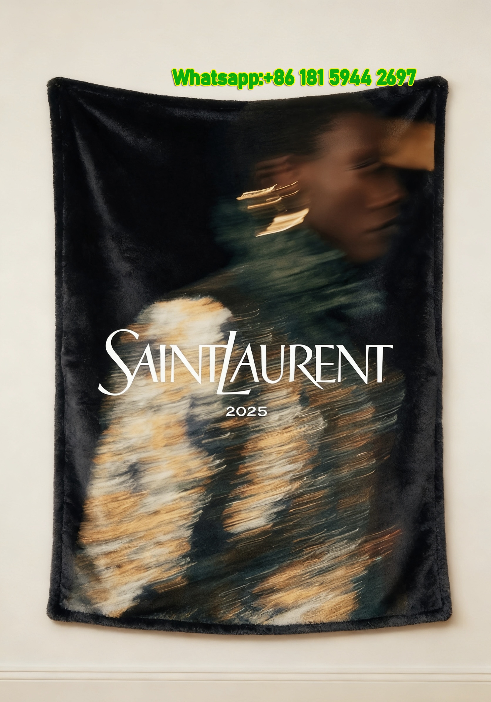 Yves Saint Laurent YSL Black Gold 2025 YSL Logo Print Flannel Throw Blanket IMG_3264